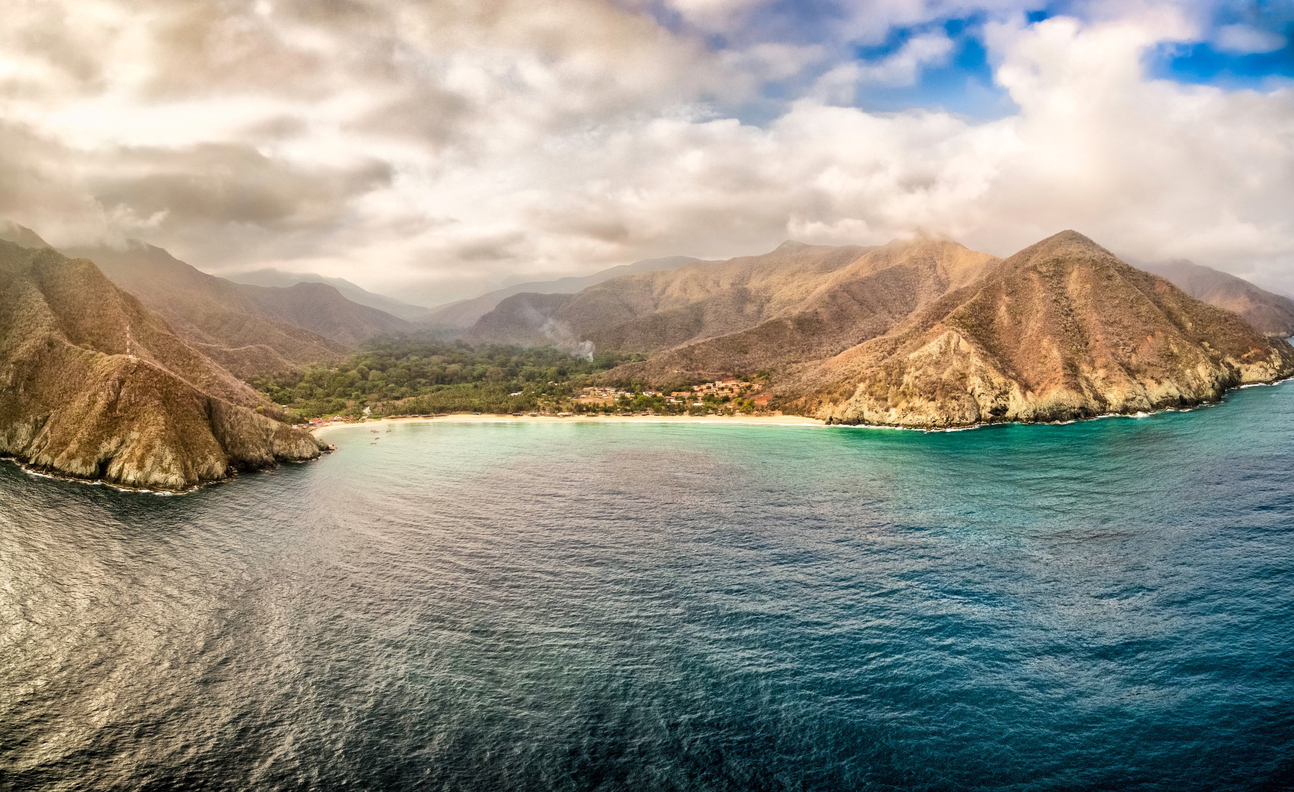 Panoramic aerial view of Chuao bay, Caribbean Sea Venezuela